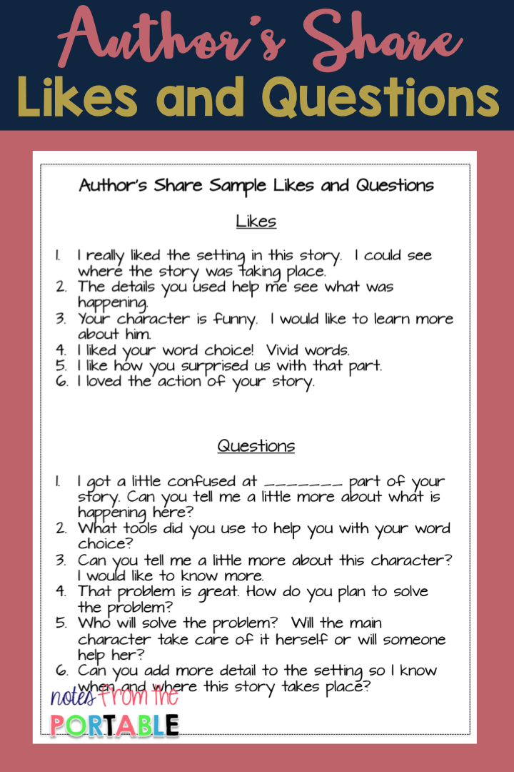 Love this Writer's Workshop FREEBIE. It was so helpful in getting my kids to talk about writing. Great ideas for author's share time. 