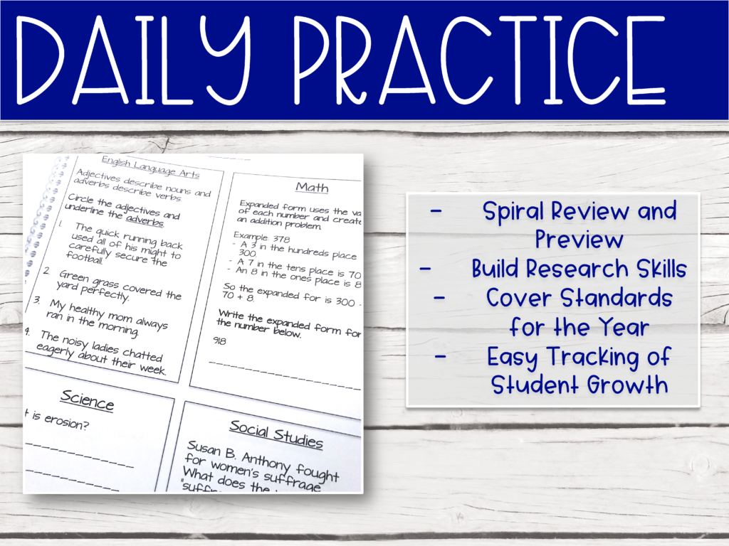 These daily assessments give students ample practice in social studies, science, math, and ELA. 