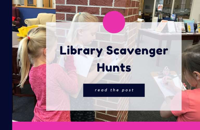 students completing a library scavenger hunt